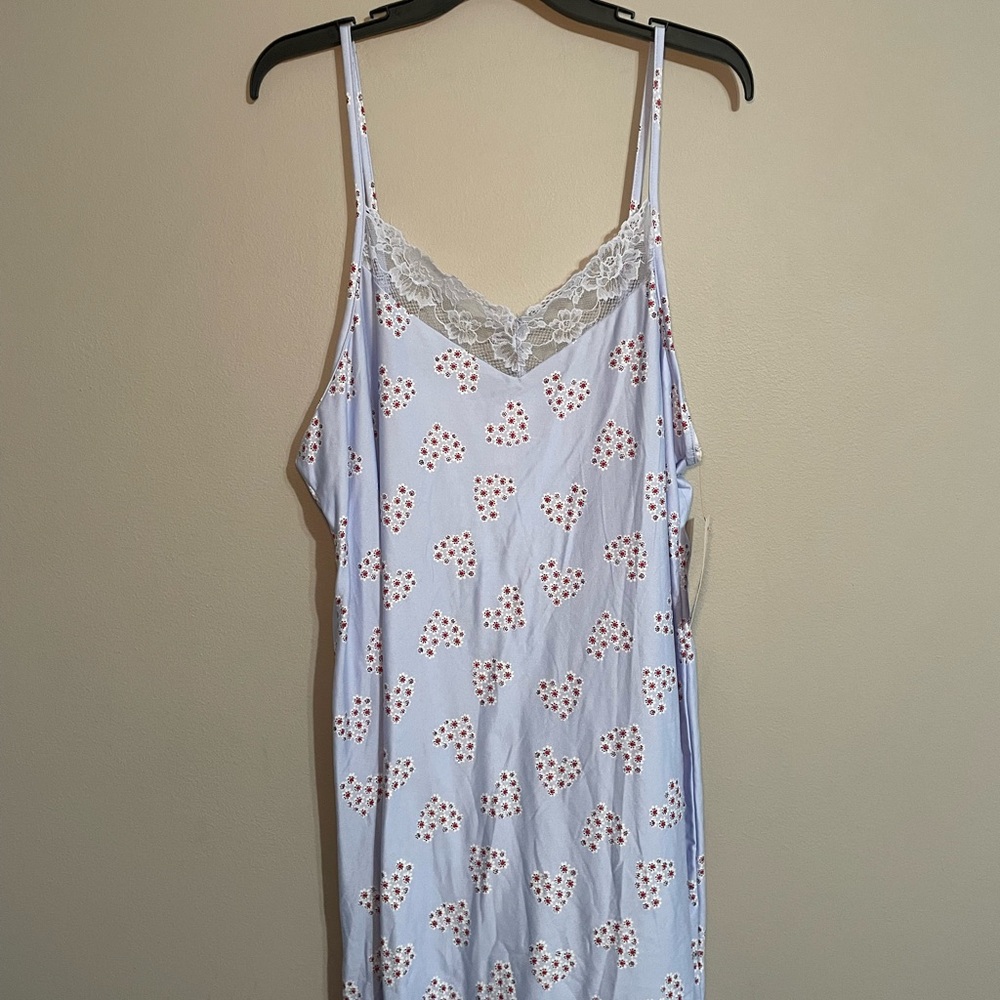 Joyspun Light Blue Heart-Print Lace-Trim Night Chemise XL BNWT